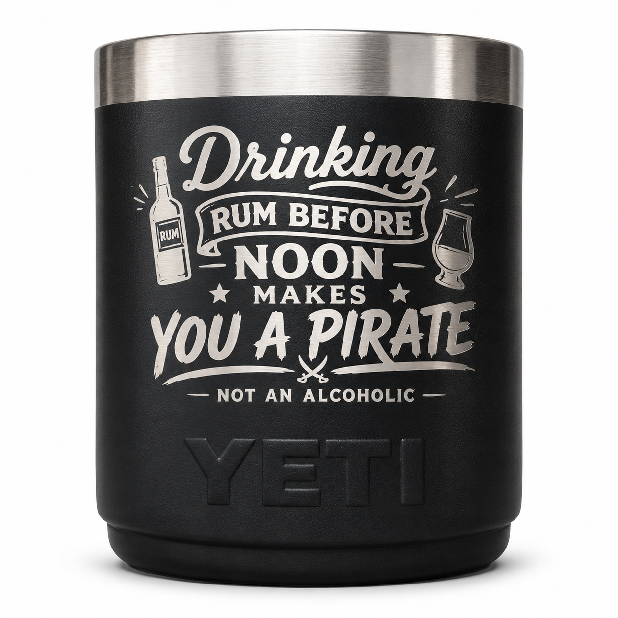 Black YETI tumbler with custom laser engraved rum and pirate design by Able Enterprises Sunshine Coast